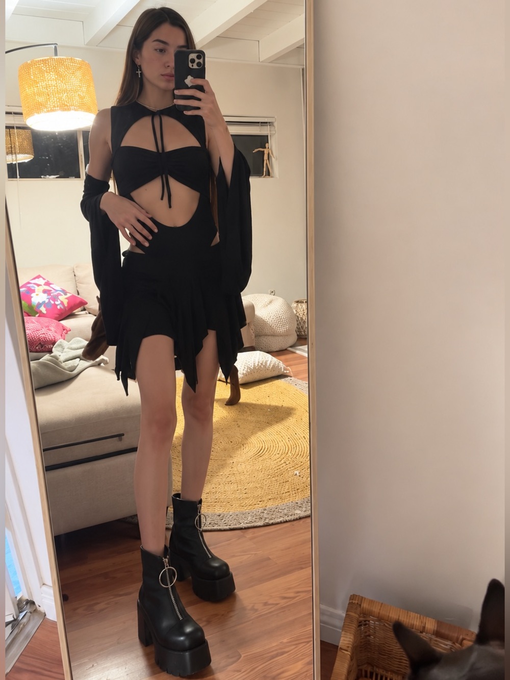 Dolls Kill Club Exx Black Asymmetrical Cutout Bodysuit Skirt Set